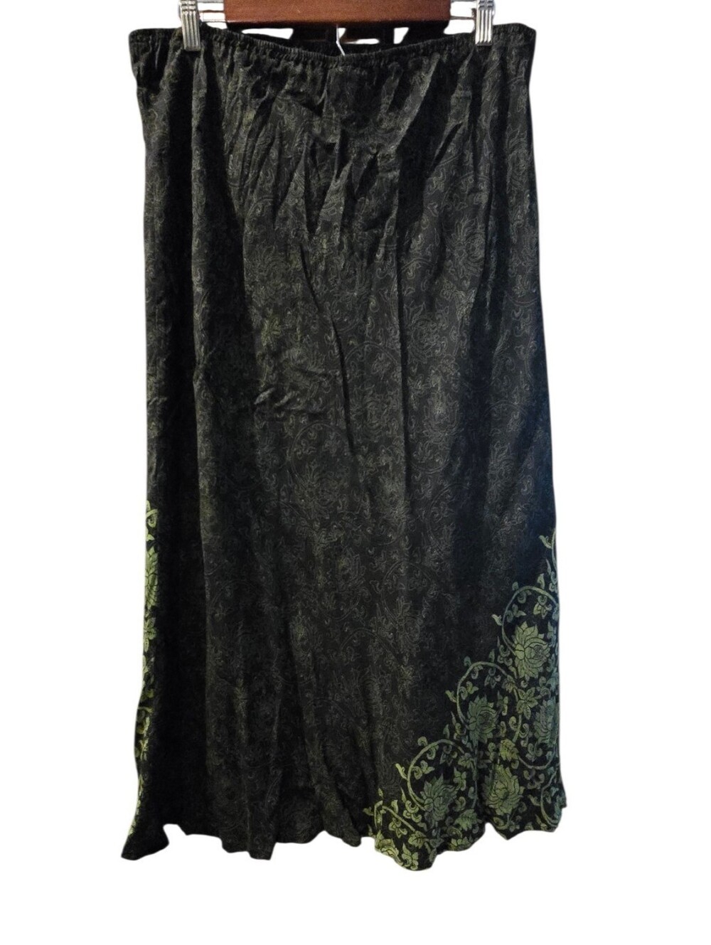 Vintage 90s Citron Santa Monica 100% Silk Floral Maxi Skirt Black Lime Green XL - Picture 5 of 14